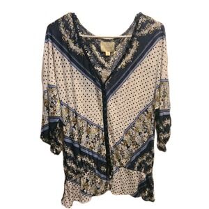 NWT Anthropologie | Deletta Blue White Mixed Print Cottagecore Peplum Blouse L